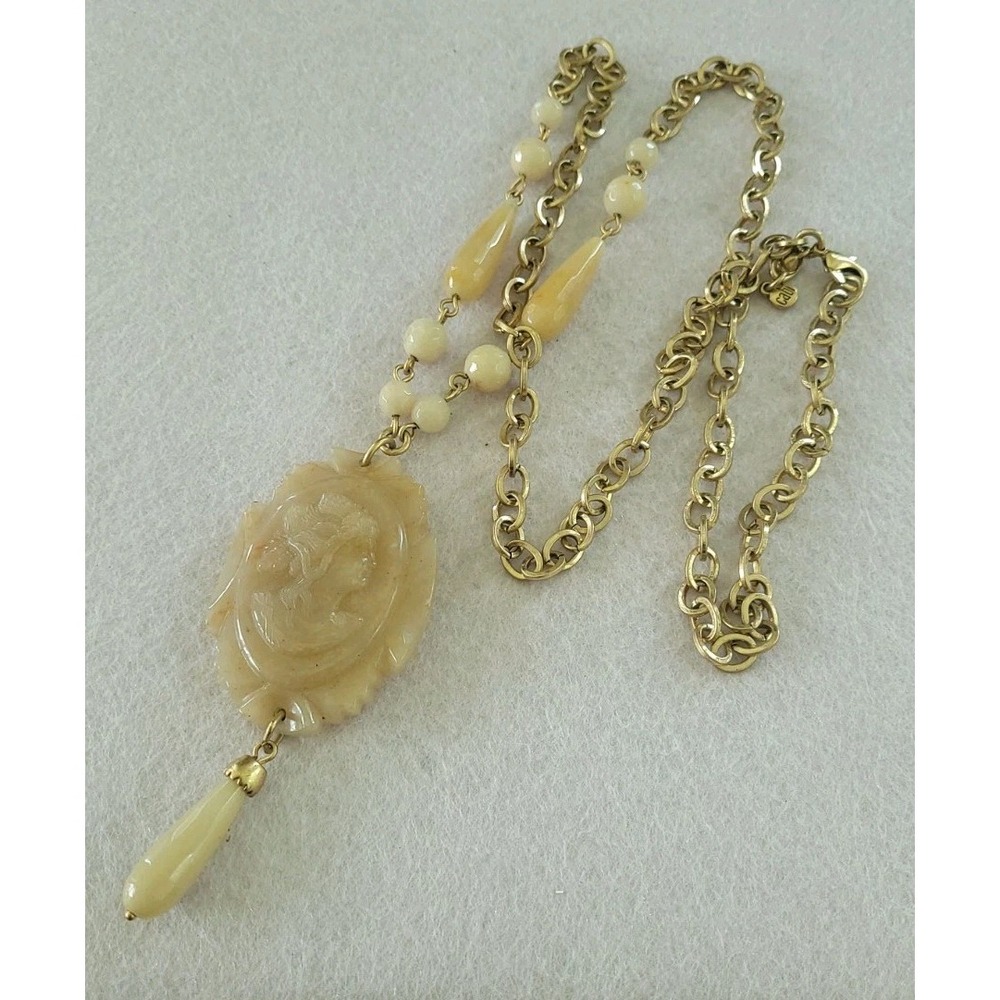 CAbi Carved Cameo Statement Necklace Jadeite Style Gold Tone 34" Teardrop
